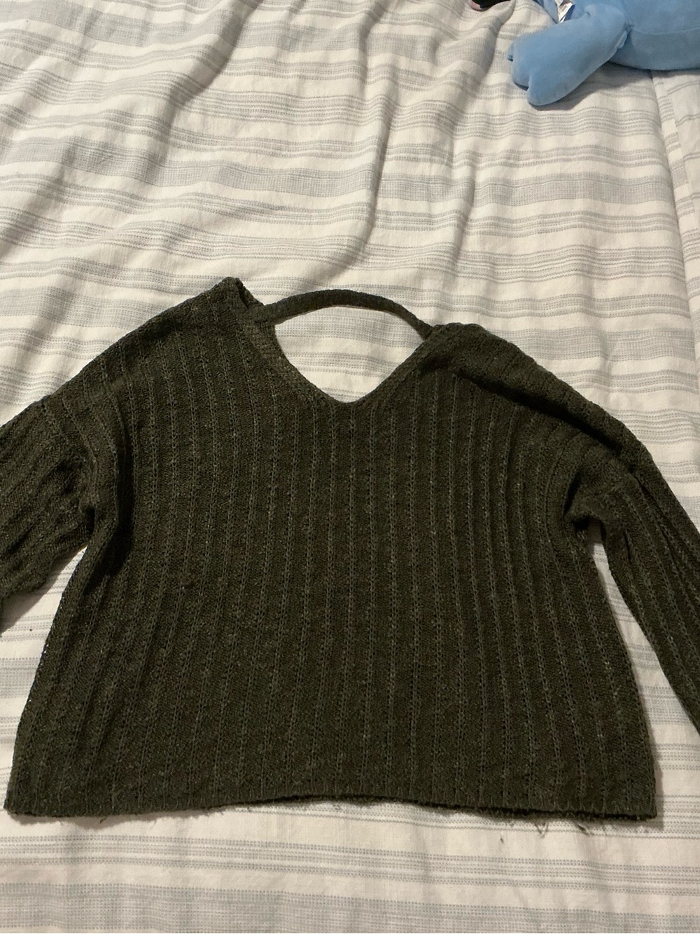 Off-the-Shoulder Ribbed Pullover Sweater in Olive Green